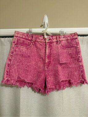 Celebrity Pink Acid-Wash Hot Pink Frayed Denim Shorts